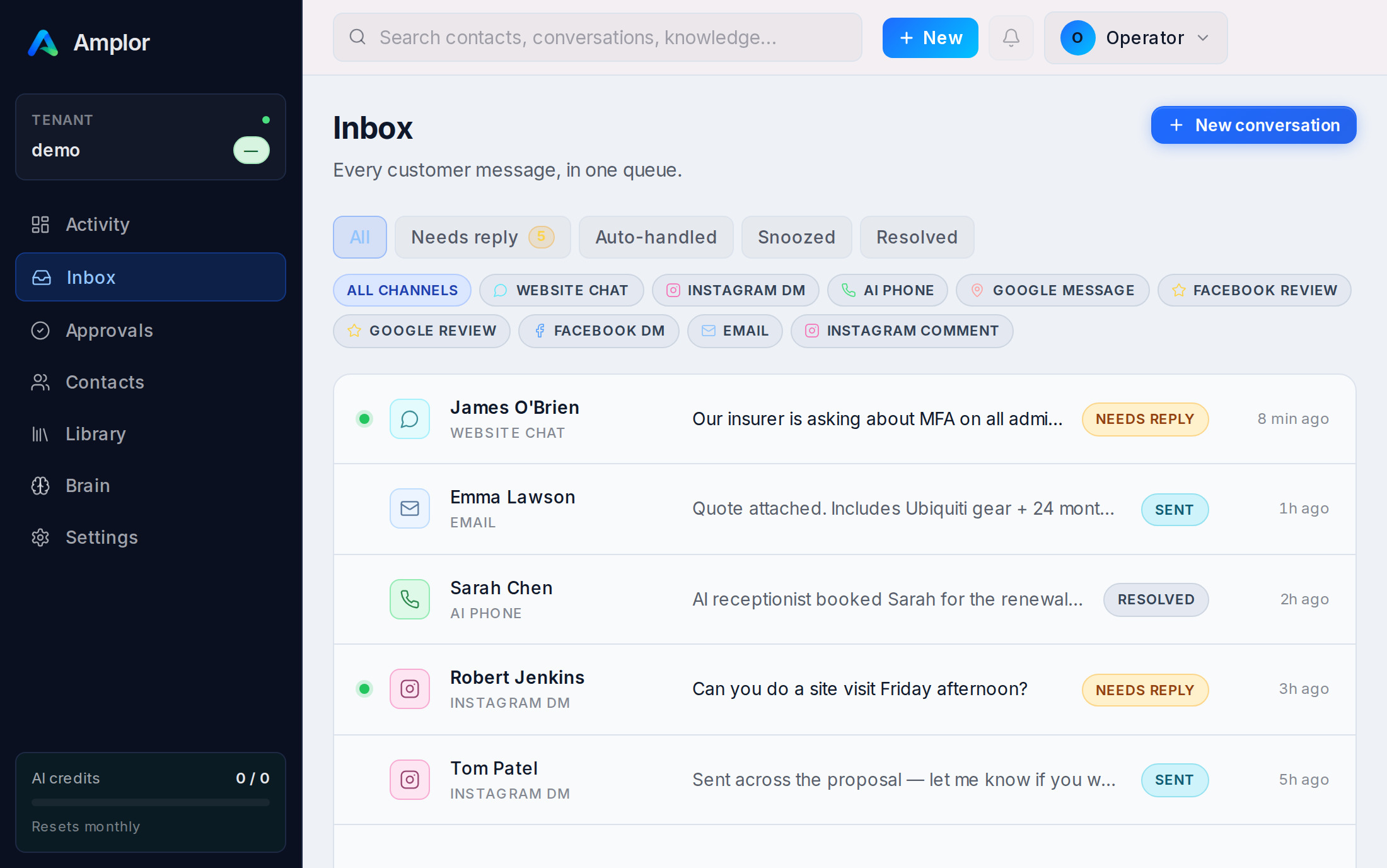 Amplor operator dashboard: the unified inbox across chat, phone, email and social