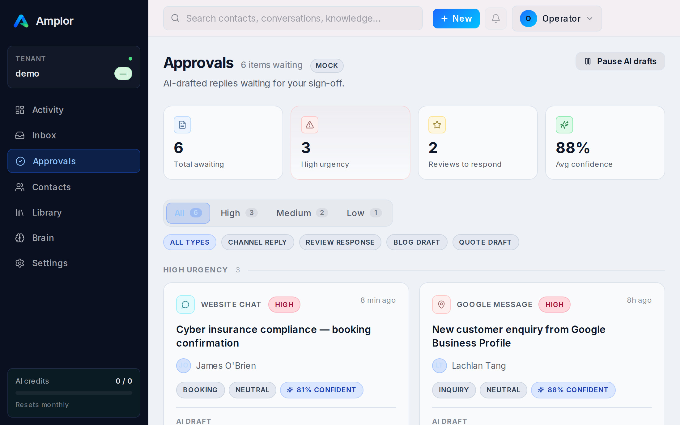Approvals queue: AI-drafted replies waiting for a human sign-off