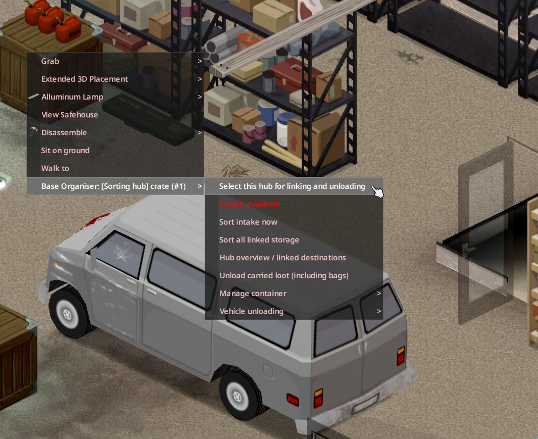 Right-click menu on a sorting hub crate: select the hub, power available, sort intake, sort all linked storage, hub overview, unload carried loot, manage container and vehicle unloading
