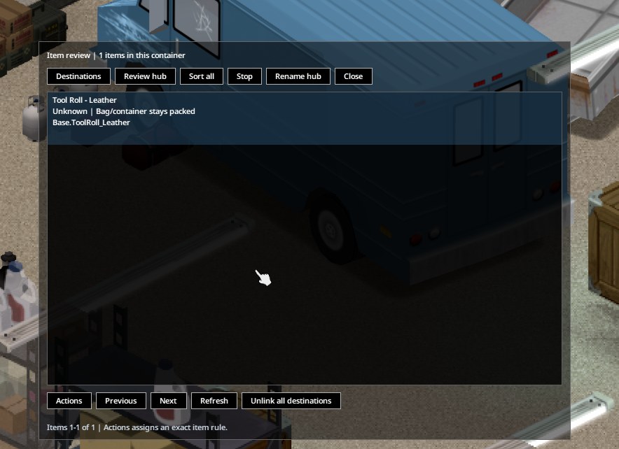 Item review window explaining that a leather tool roll stays in the hub because bags and containers stay packed