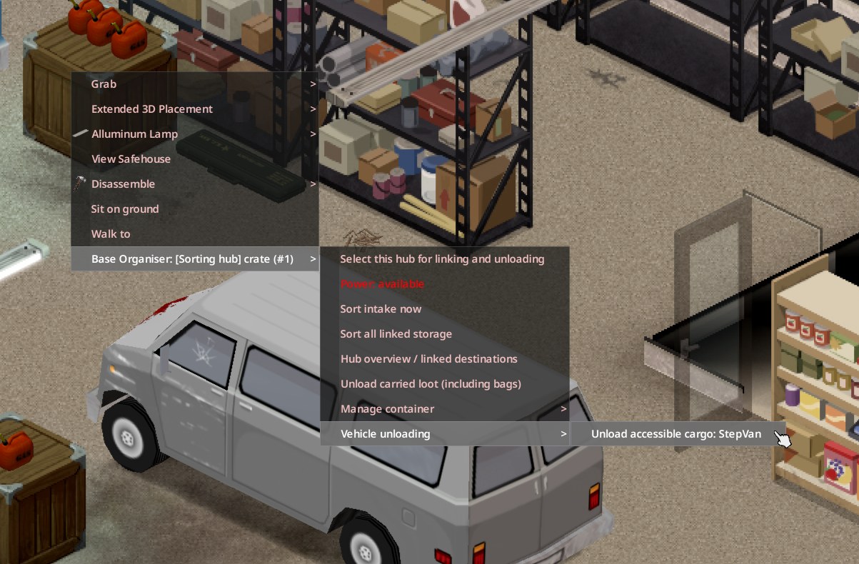 Vehicle unloading submenu offering to unload accessible cargo from a StepVan parked beside the hub