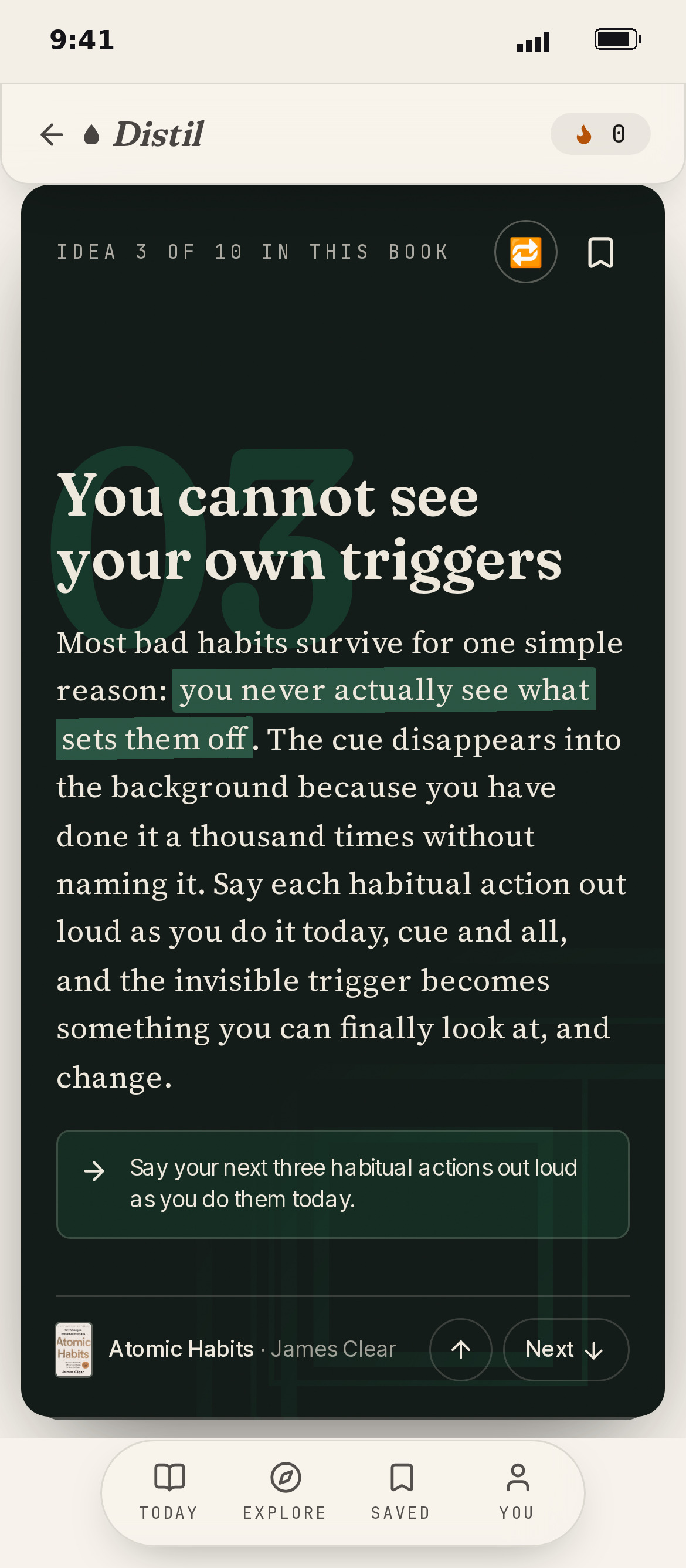 Distil reader card: You cannot see your own triggers, idea 3 of 10 from Atomic Habits