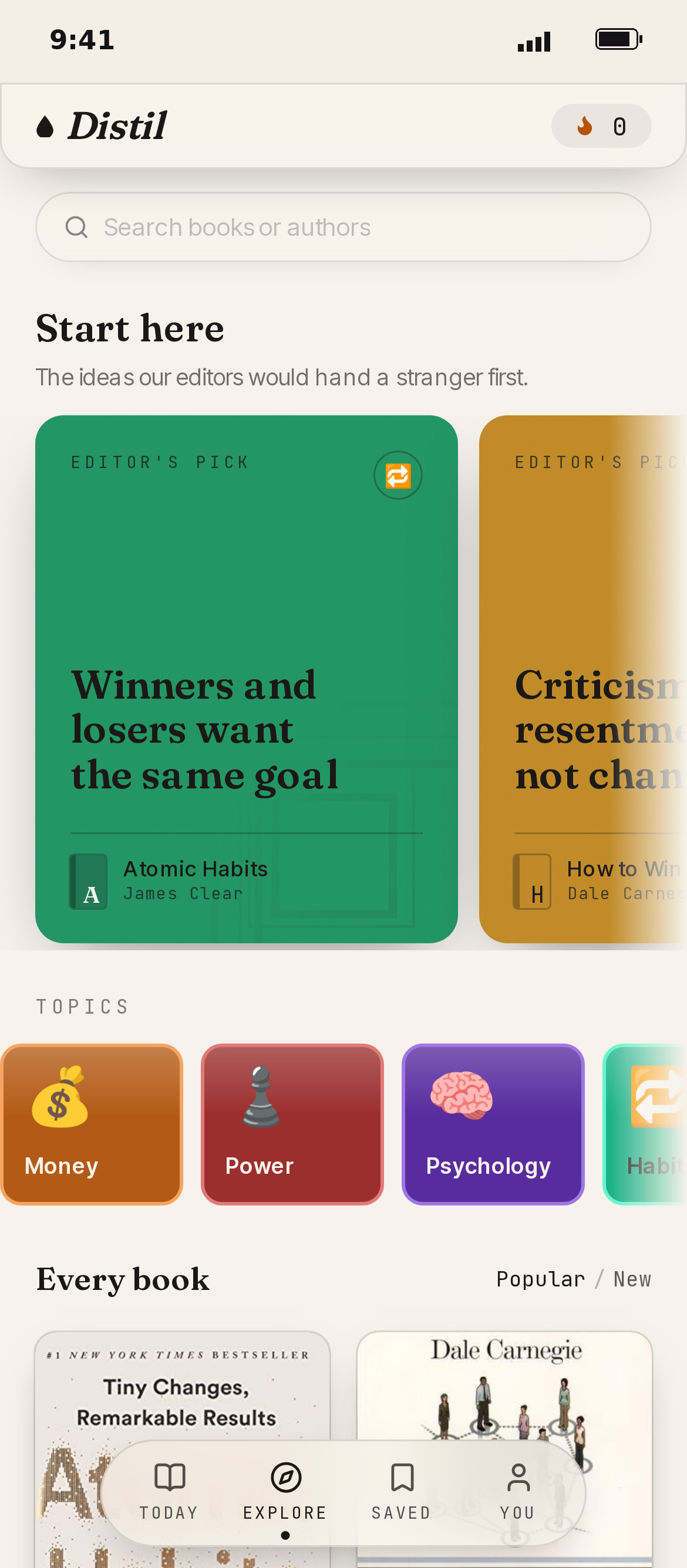 Distil explore screen: editor's picks, topics and every book