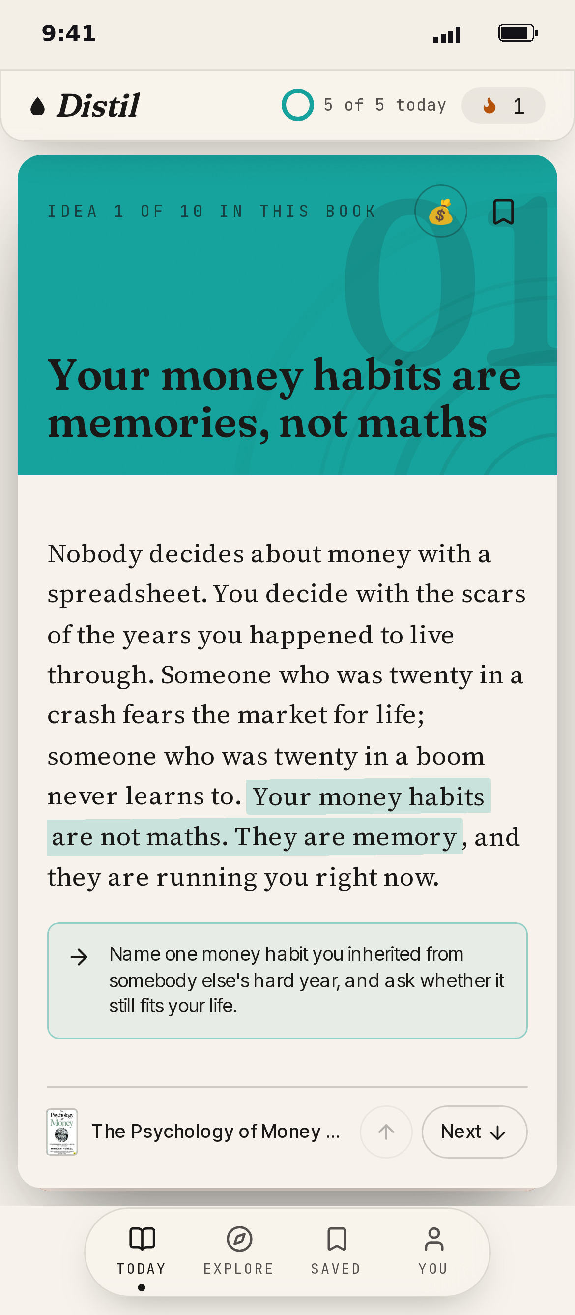 Distil today feed with a card from The Psychology of Money
