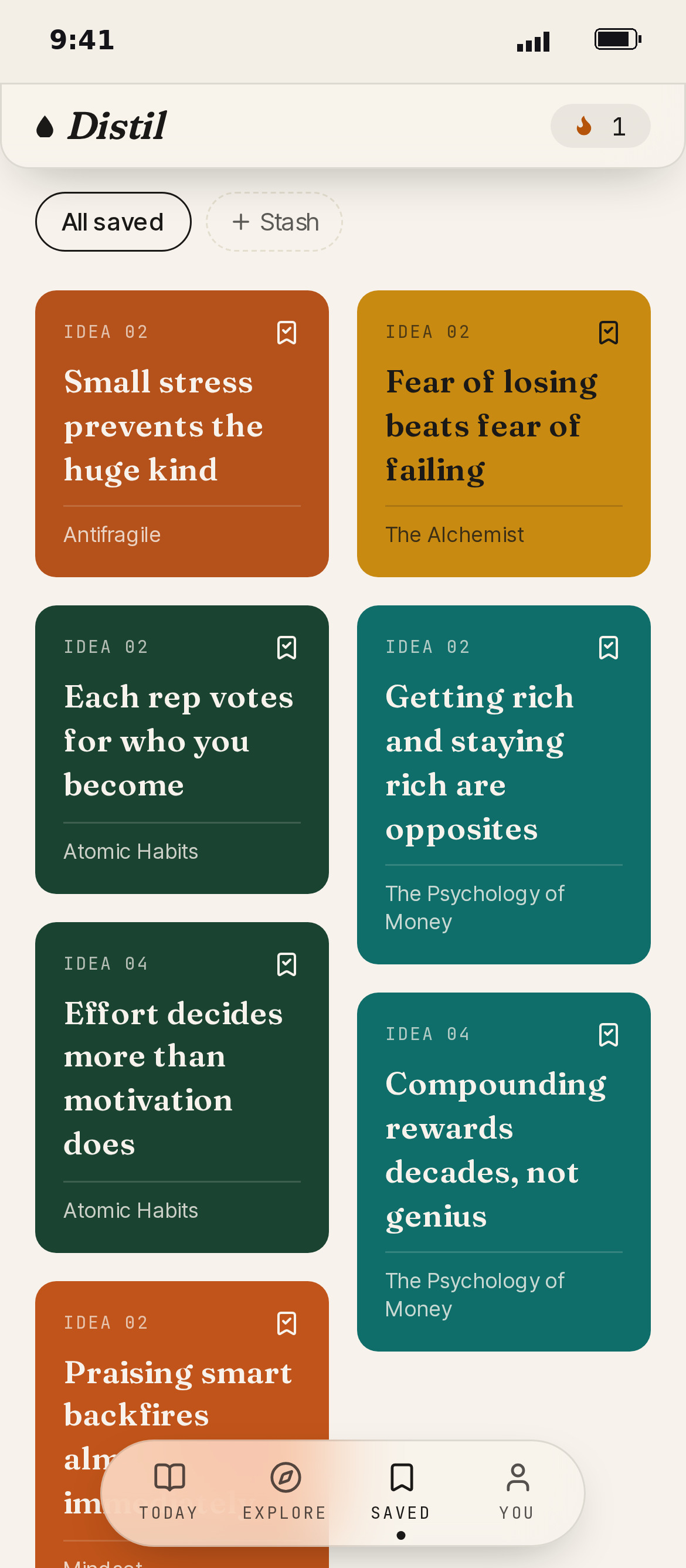 Distil saved ideas as a grid of coloured cards