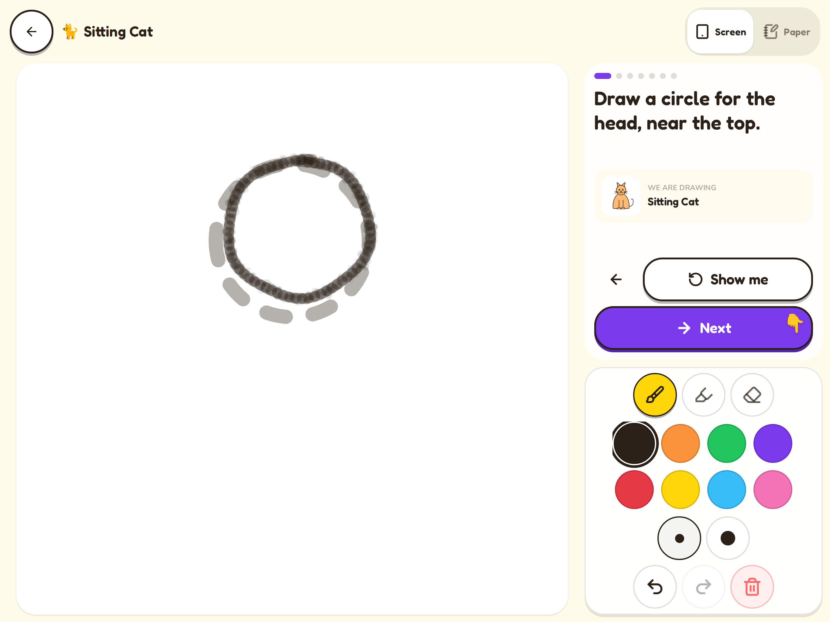 Doodle lesson for Little Artists on a tablet: a big crayon circle traced over the guide, one large Next button