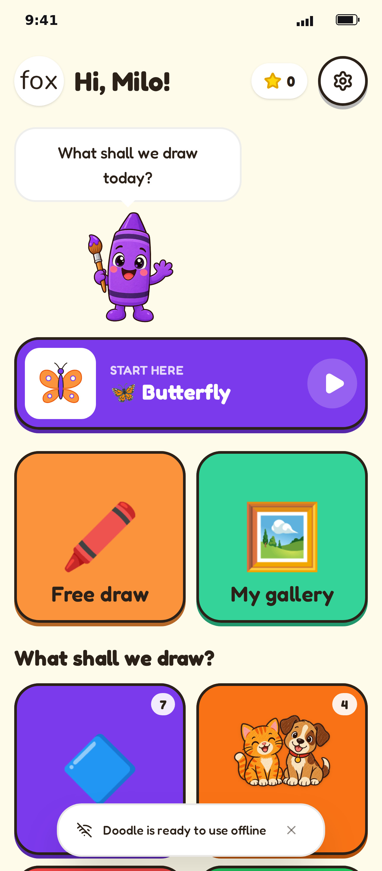 Doodle home: Hi Milo, what shall we draw today, with Butterfly, Free draw and My gallery tiles