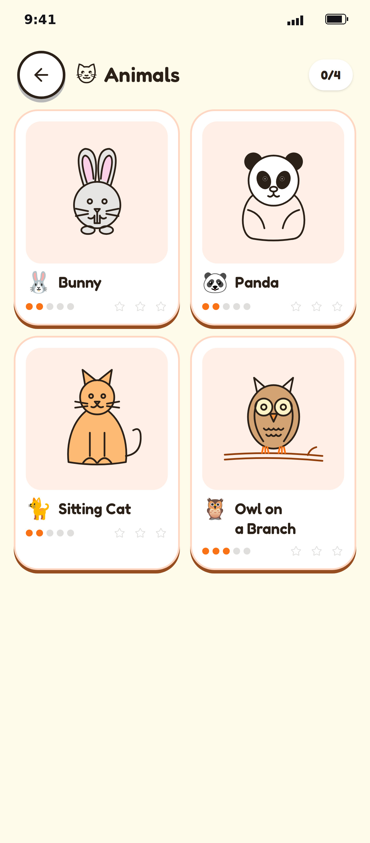 Doodle Animals category: Bunny, Panda, Sitting Cat, Owl on a Branch