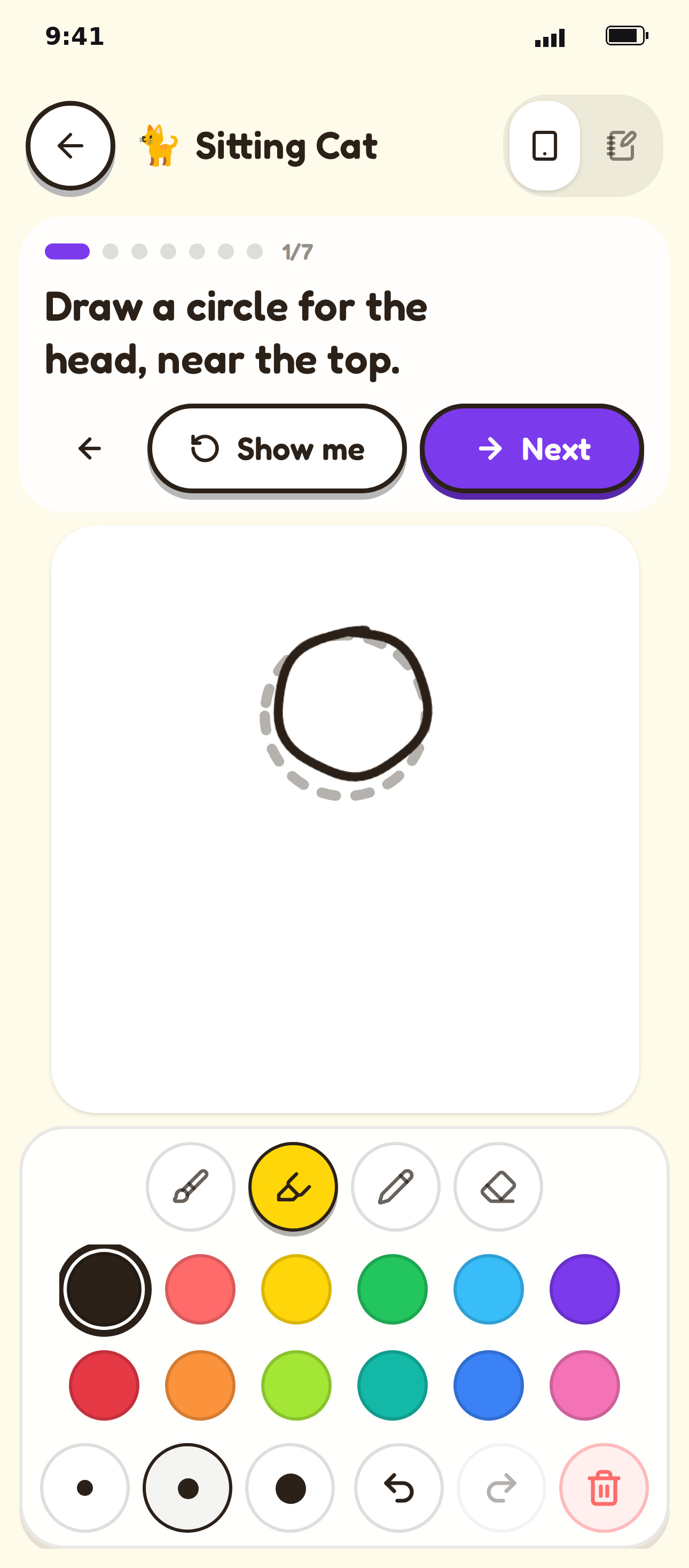 Doodle lesson on a phone: trace the circle for the head, with Show me and Next