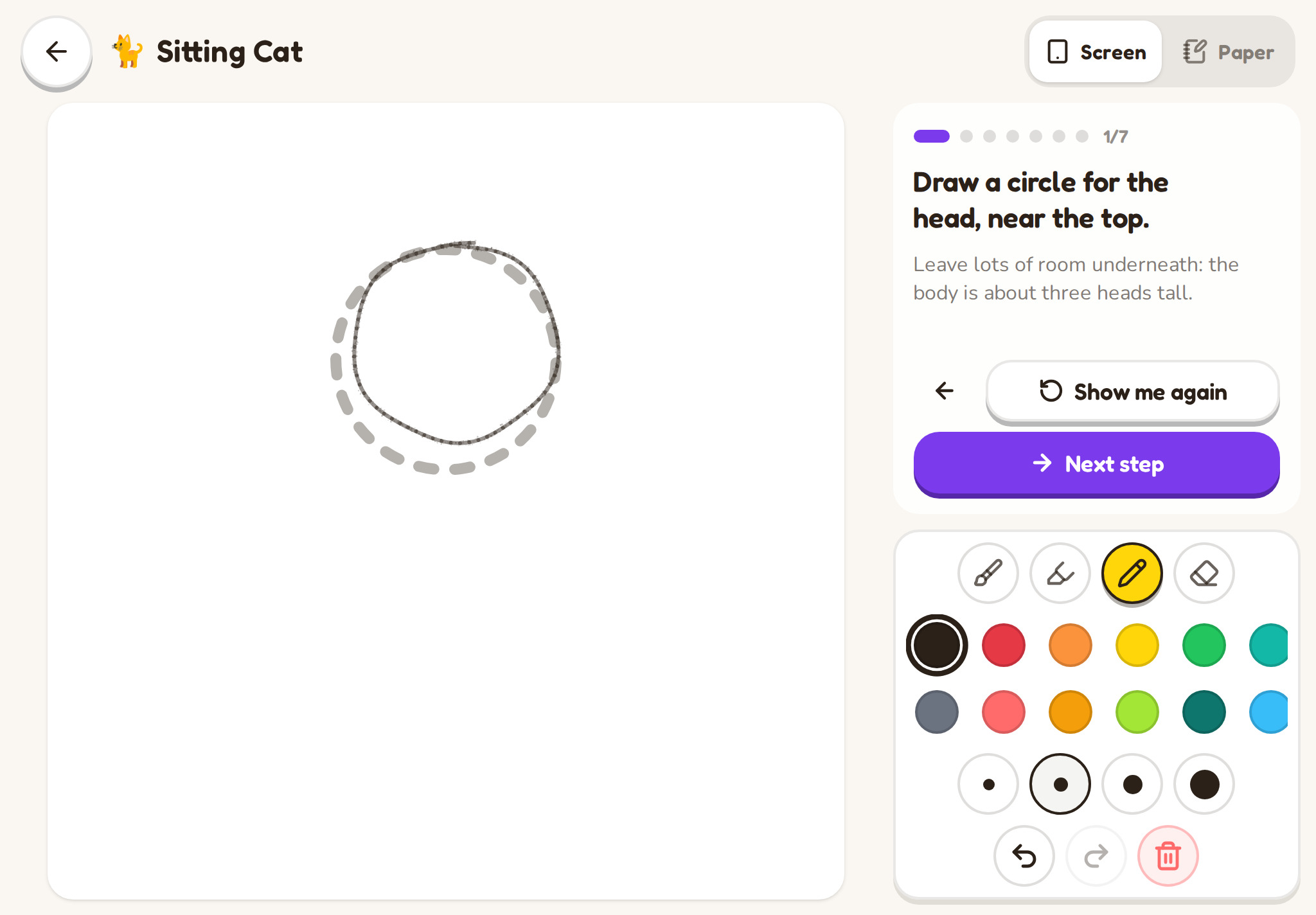 Doodle lesson player on a tablet: Sitting Cat, step 1 of 7, draw a circle for the head