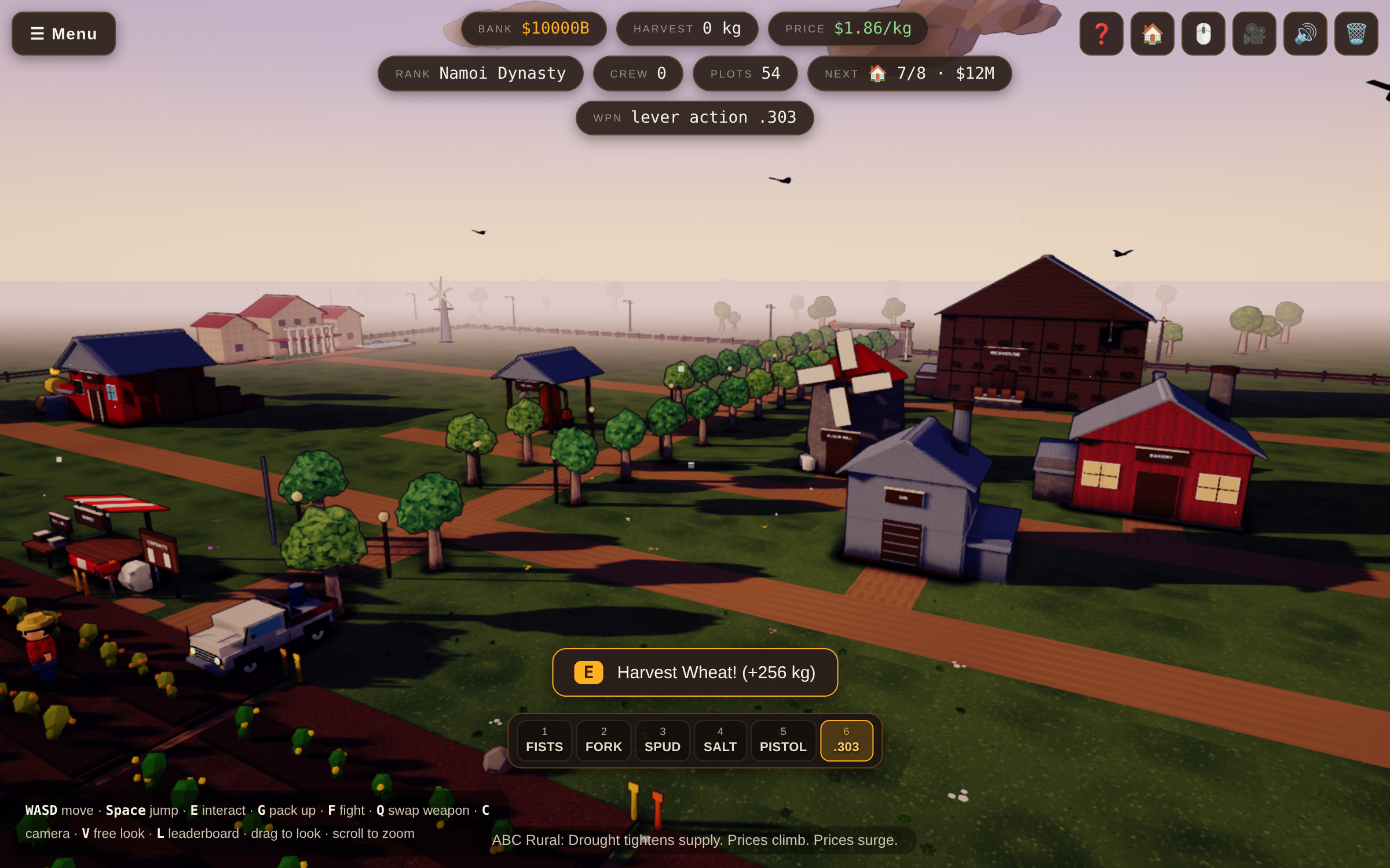 Farm Wars at dusk: the homestead, sheds and windmill, with the ute parked by the crops