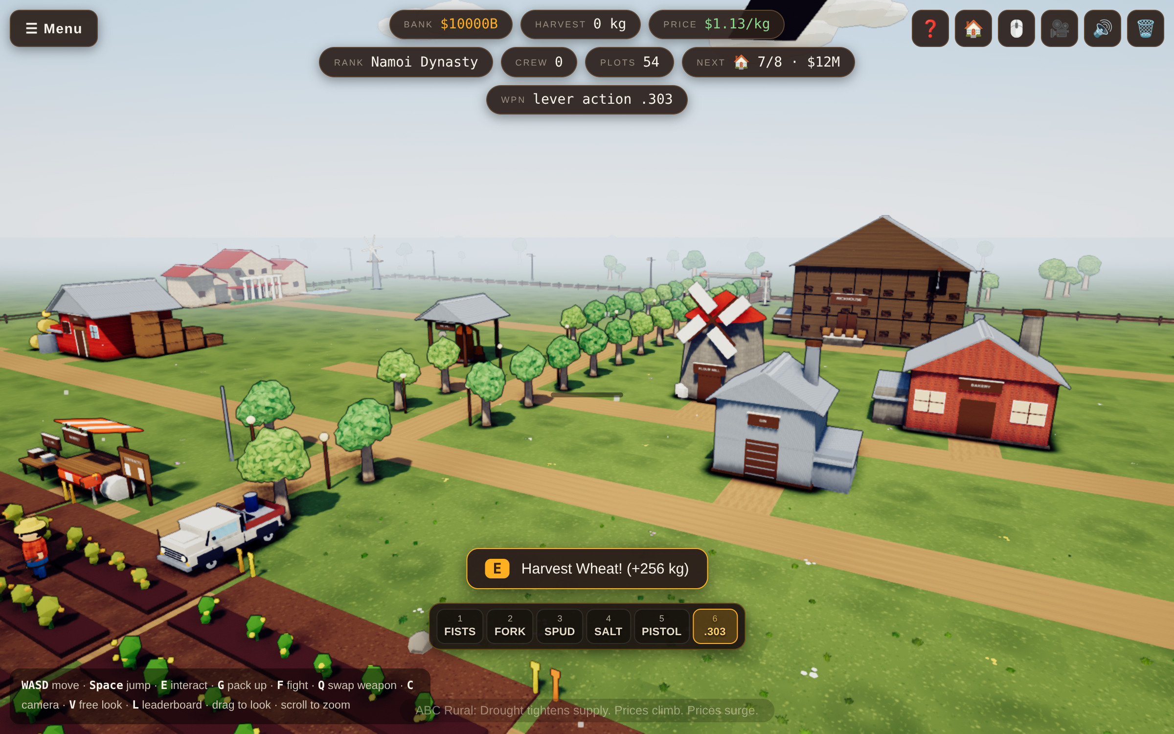 Farm Wars in daylight: a wide view across the paddocks and outbuildings