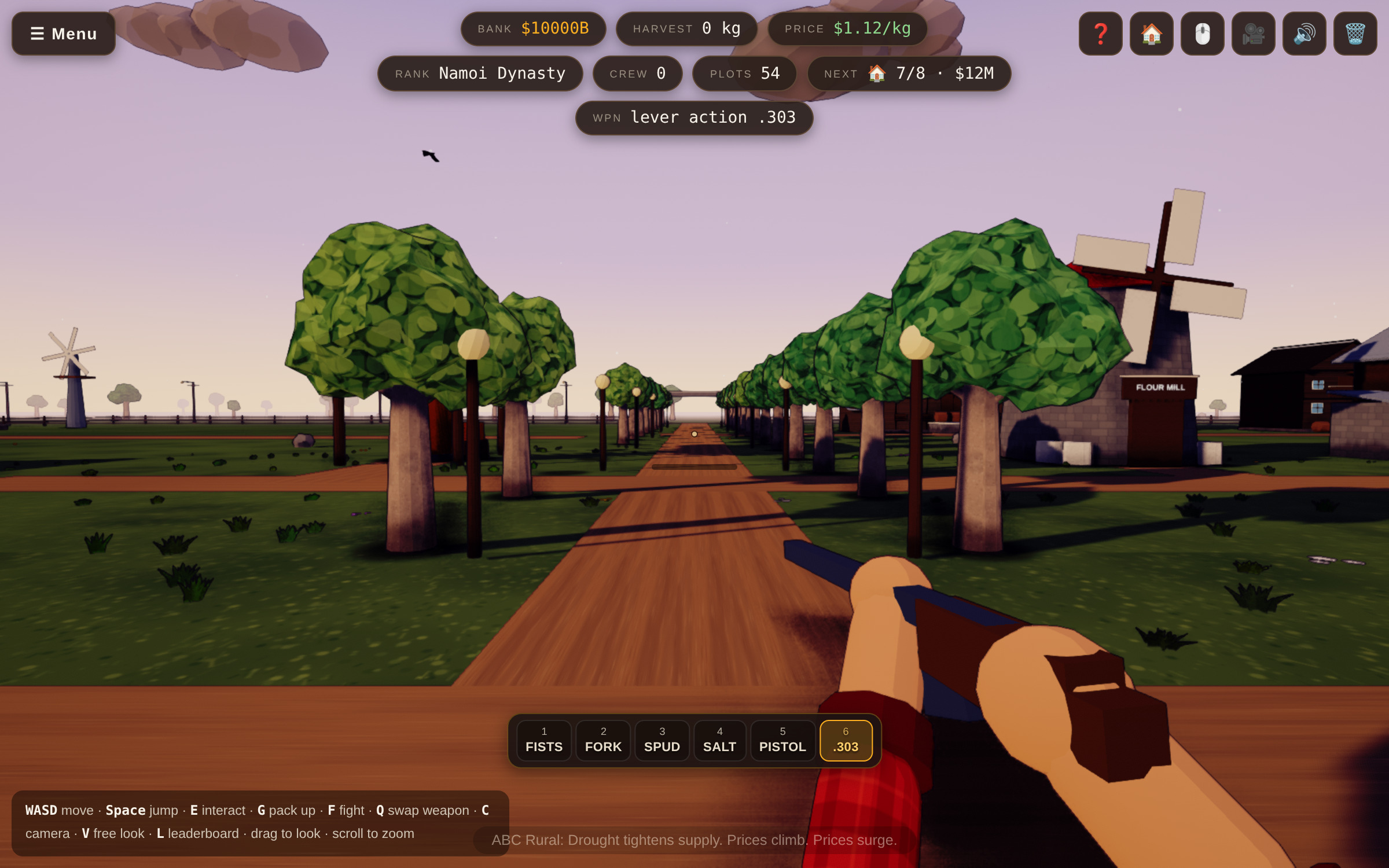 Farm Wars in first person, walking the drive at sunset with a rifle in hand