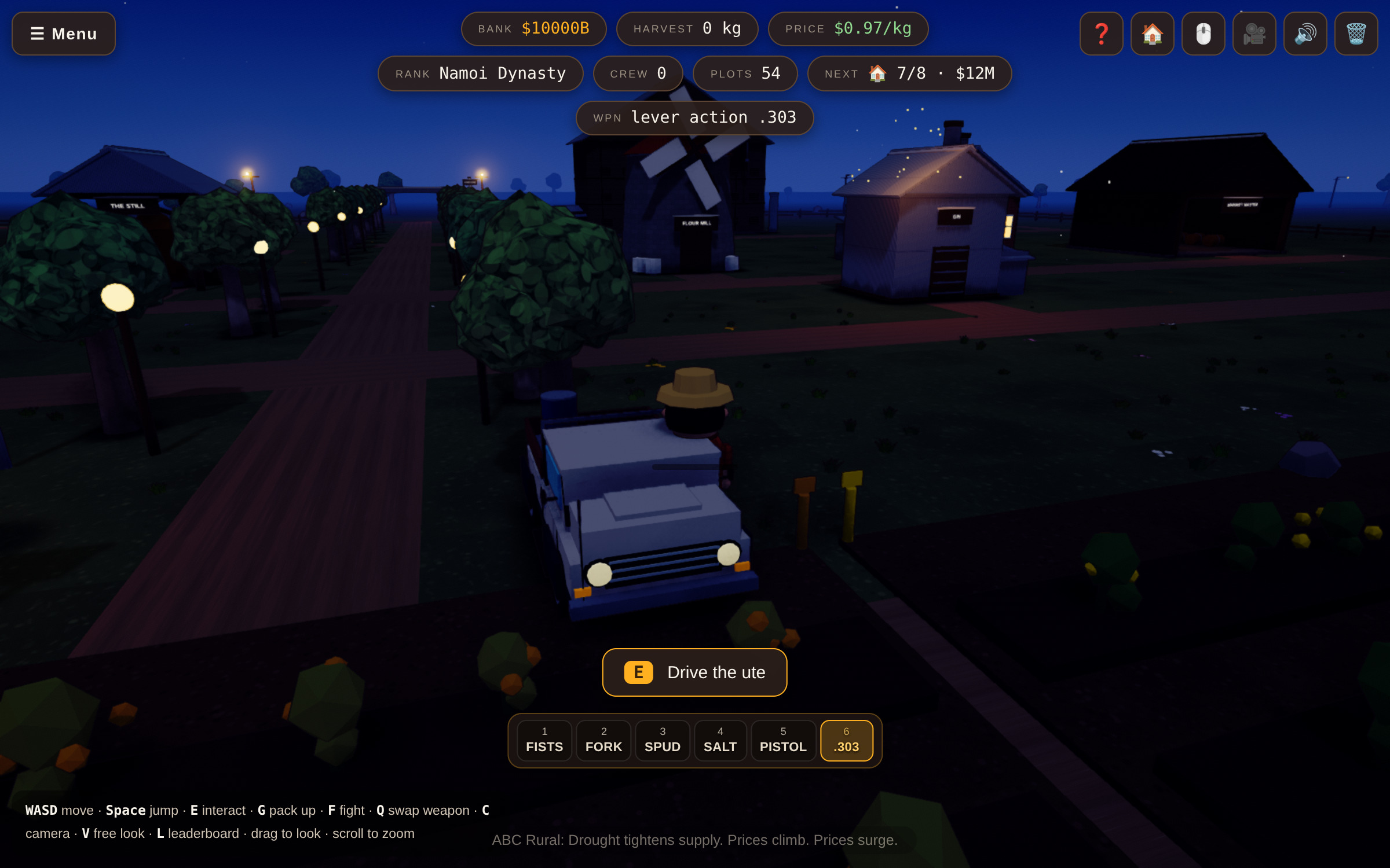 Farm Wars at night: the ute under the yard lamps