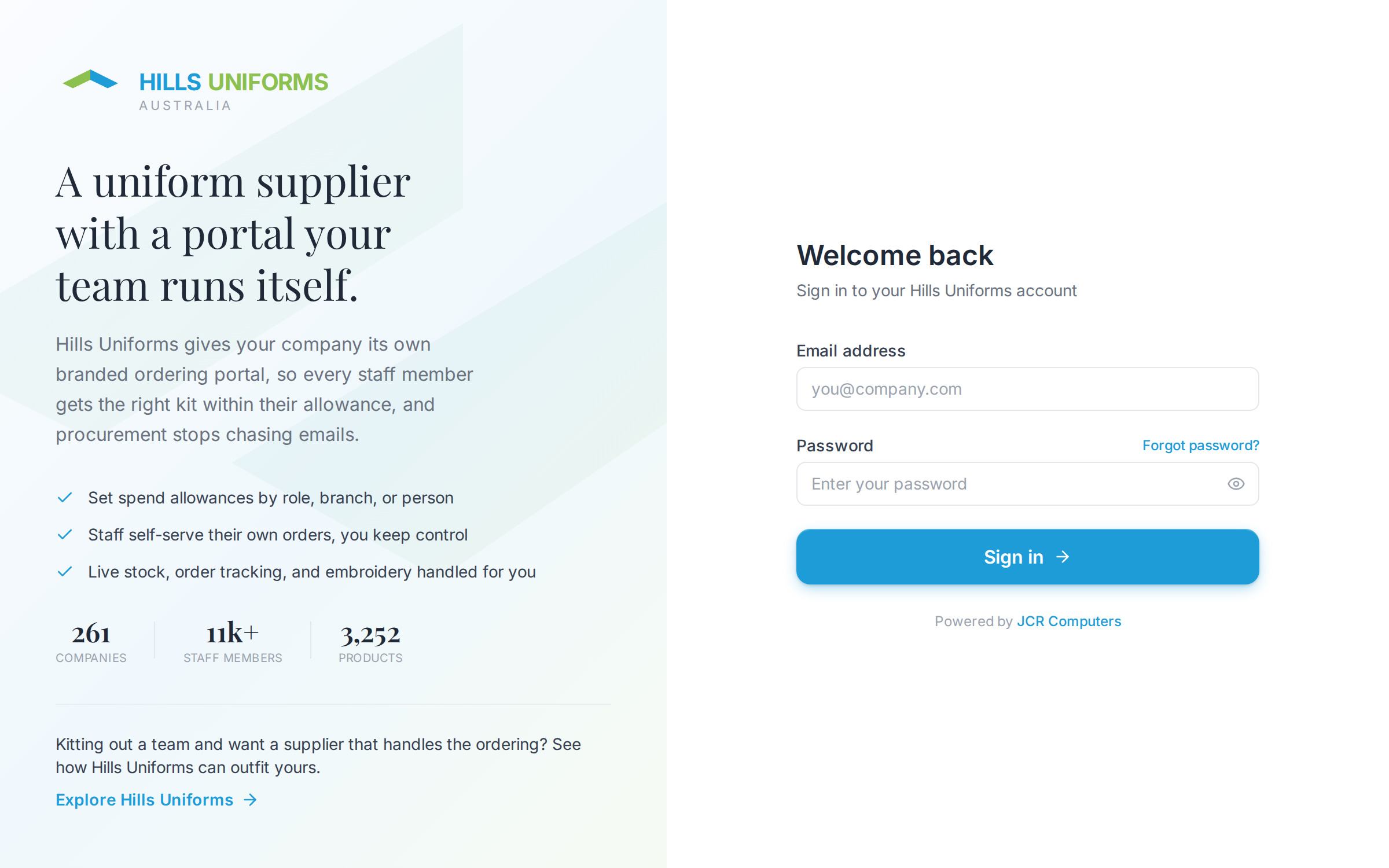 Hills Uniforms Portal sign-in page