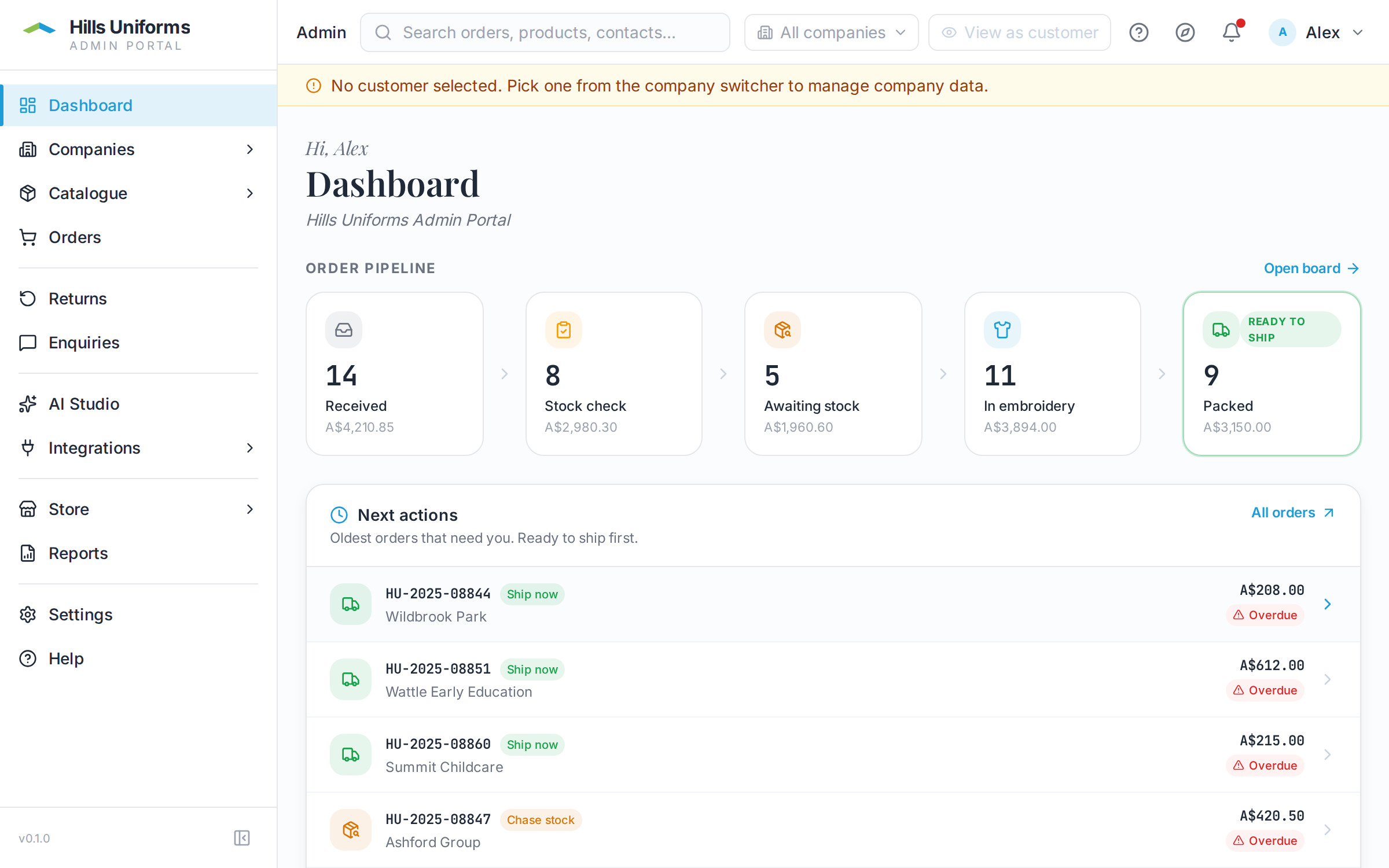 Distributor dashboard with the order pipeline, next actions and revenue