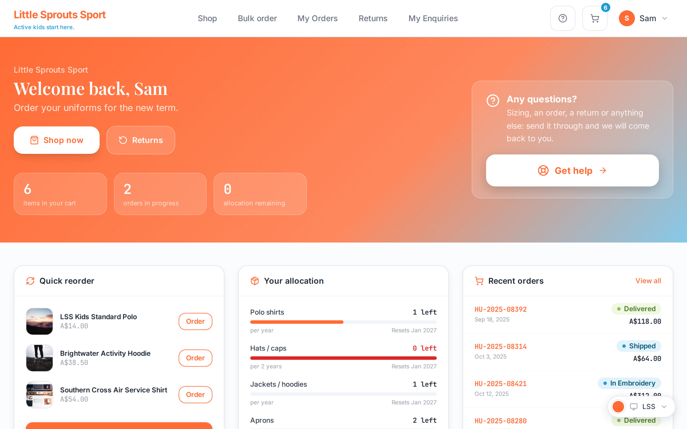 A client company's branded staff portal with quick reorder and allowance