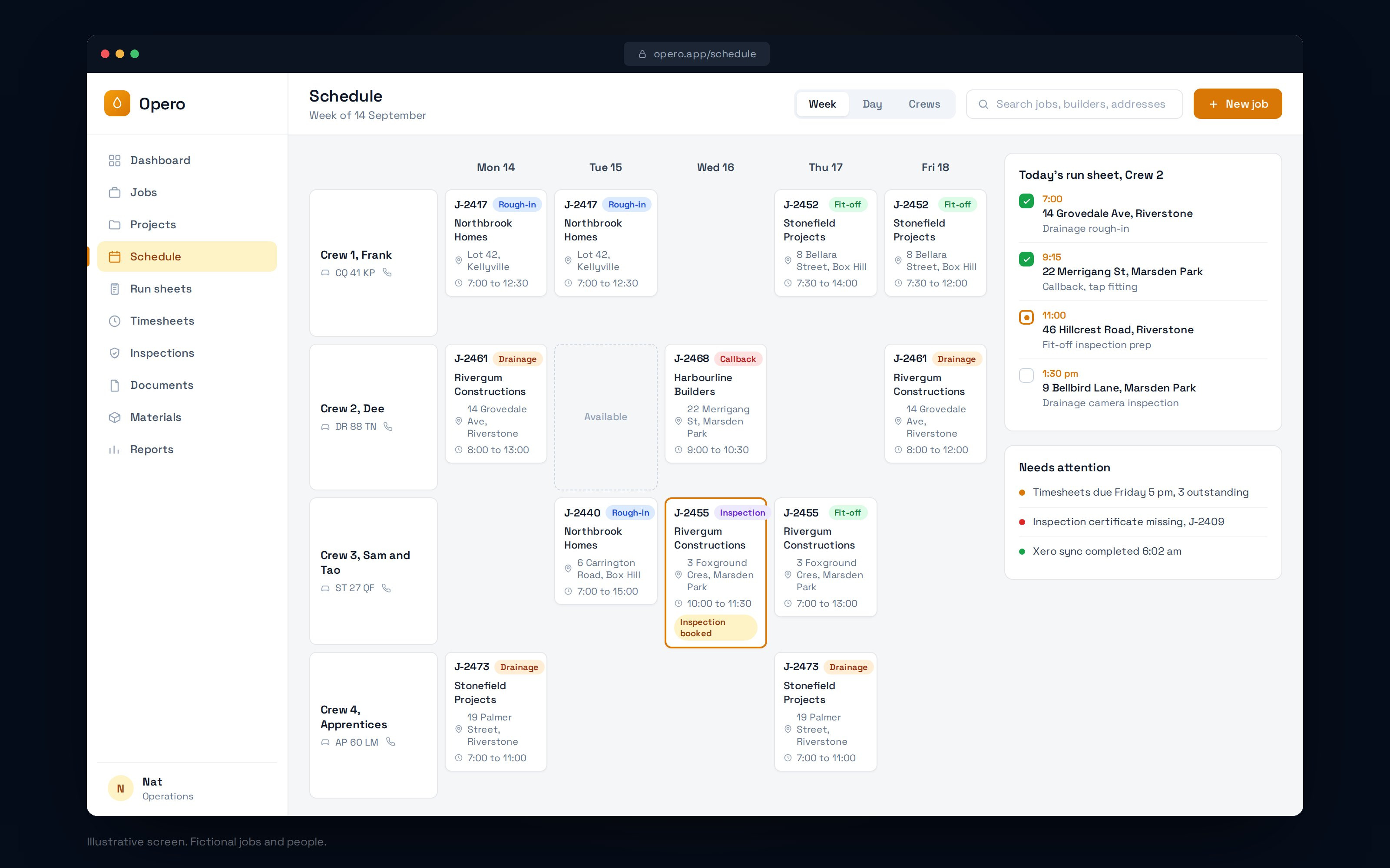Opero schedule board: four crews across a week with job cards by stage, and today's run sheet