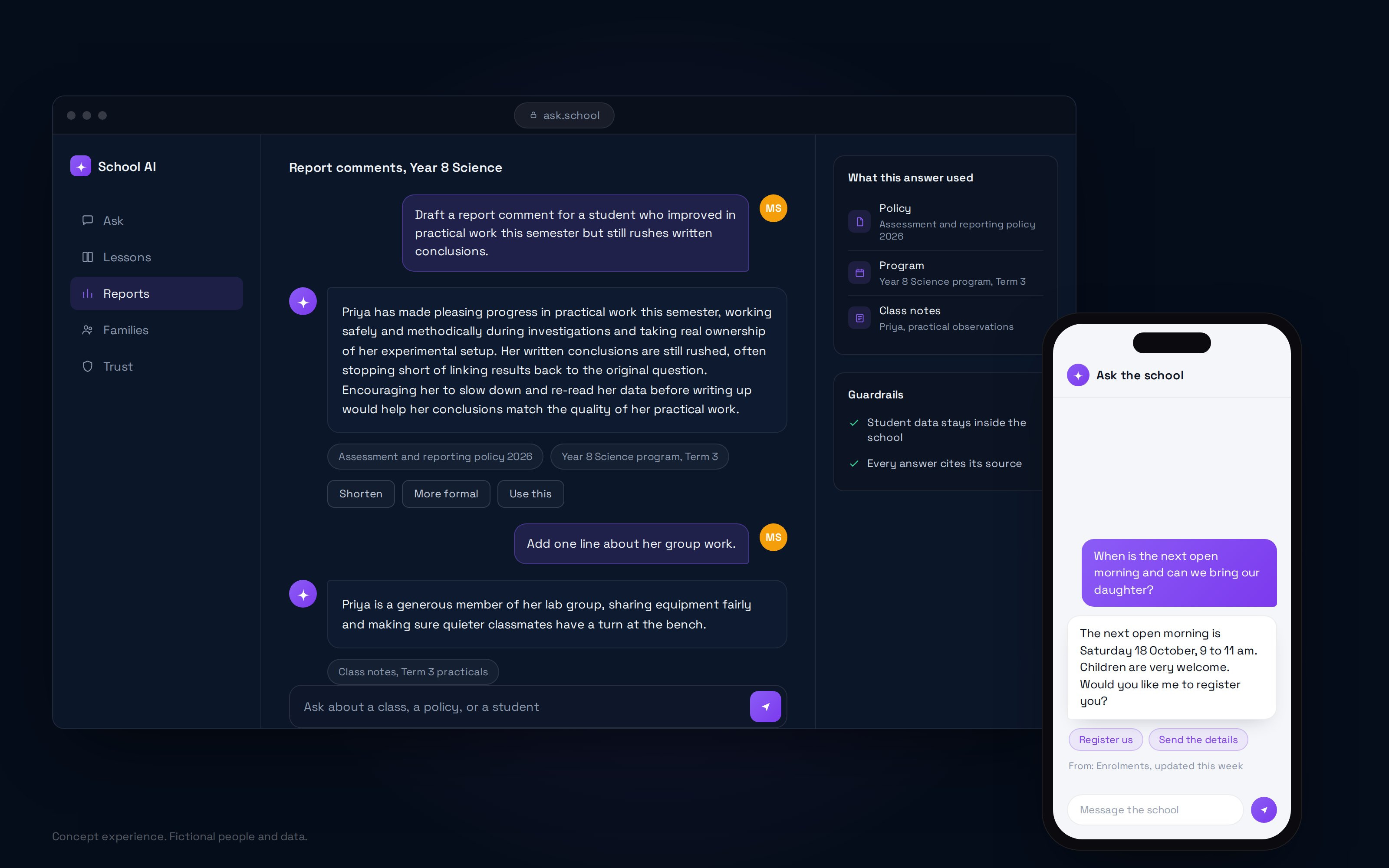 School AI concept: a teacher drafting a report comment with cited sources, and a family asking the school a question on a phone