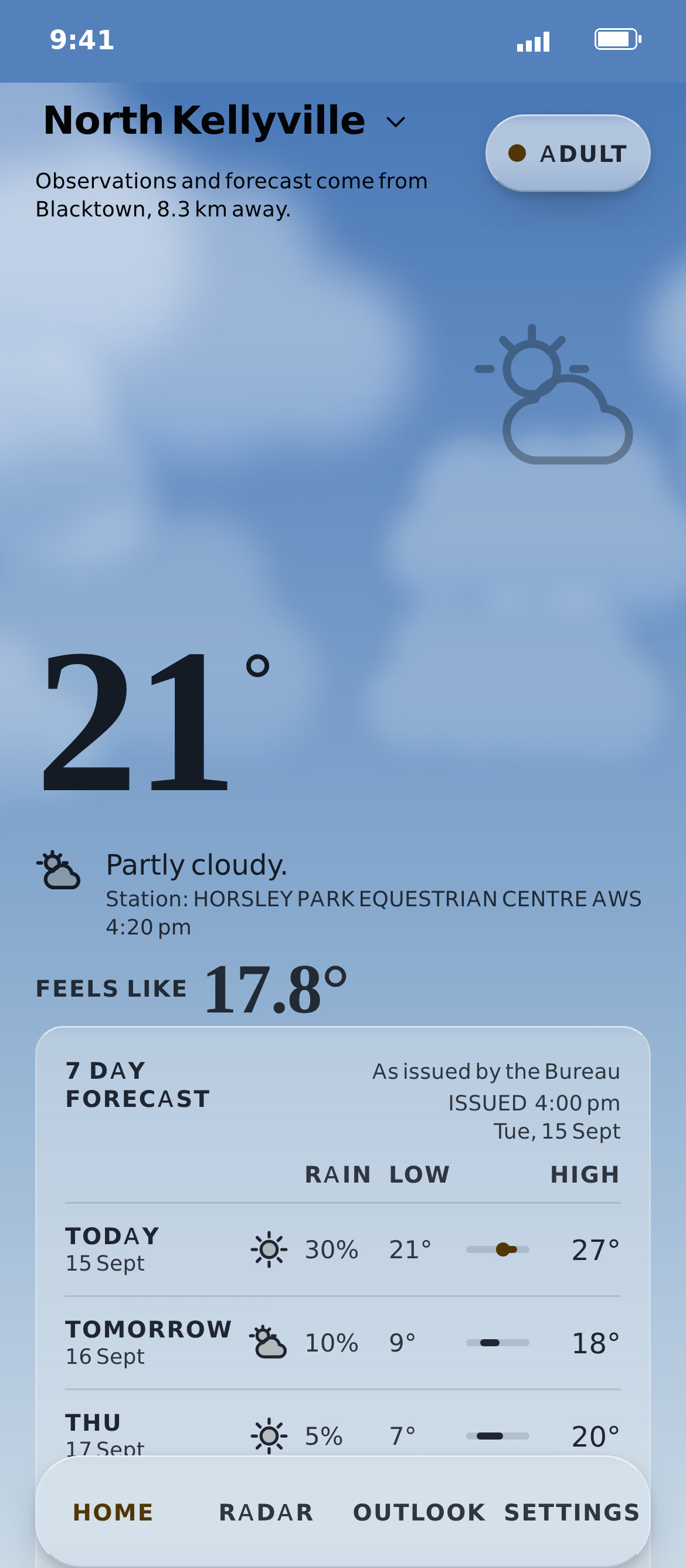 Skyline home on a phone: sunny, 25 degrees, feels like, the next seven days