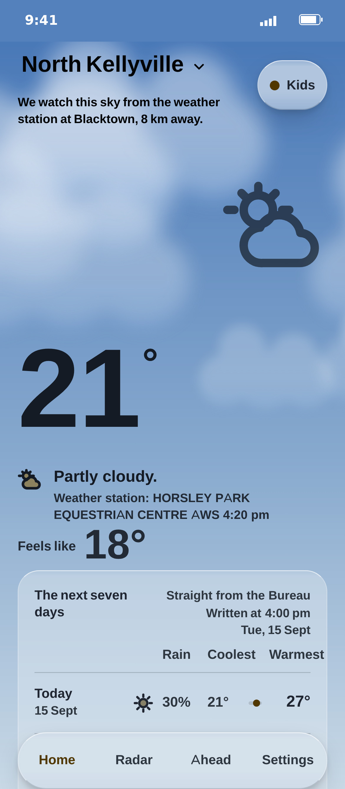 Skyline in Kids mode: bigger type, warmer colours, the same forecast