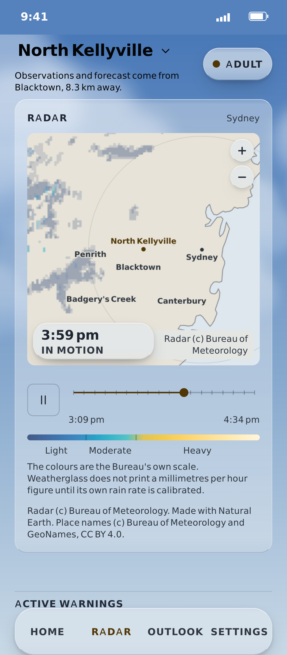 Skyline radar for Sydney with a timeline scrubber and the Bureau's intensity scale